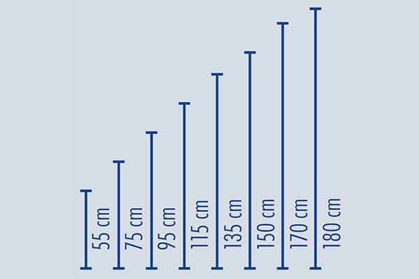 Verfügbare Längen der runden und rechteckigen Griffe (Individuelle Anpassung der Griffe gegen Mehrpreis)